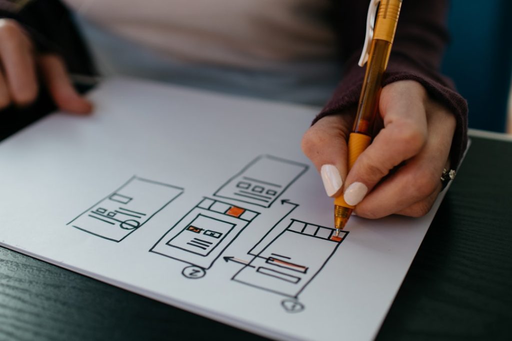 yellow-click-pen-on-white-printer-paper-gchfxsdcmje UX Work: Womans hands drawing a wireframe